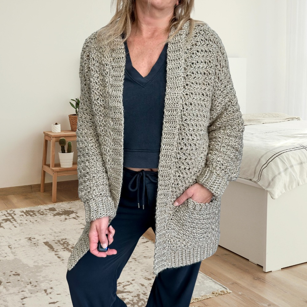 A woman wearing a handmade crochet