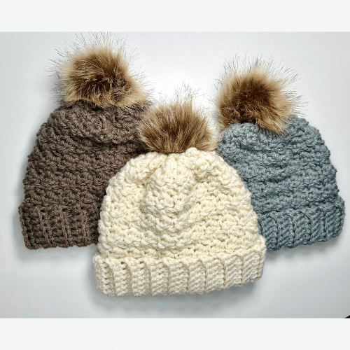A display of the wrenley bulky beanies