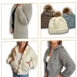 a collection of crochet cardigan and beanie patterns