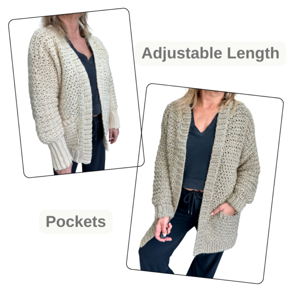 2 pictures of a woman wearing a handmade crochet cardigan