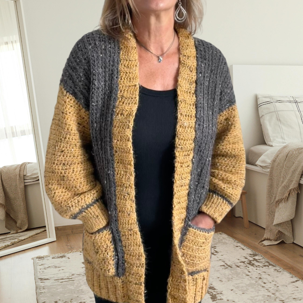 a woman wearing a crochet cardigan