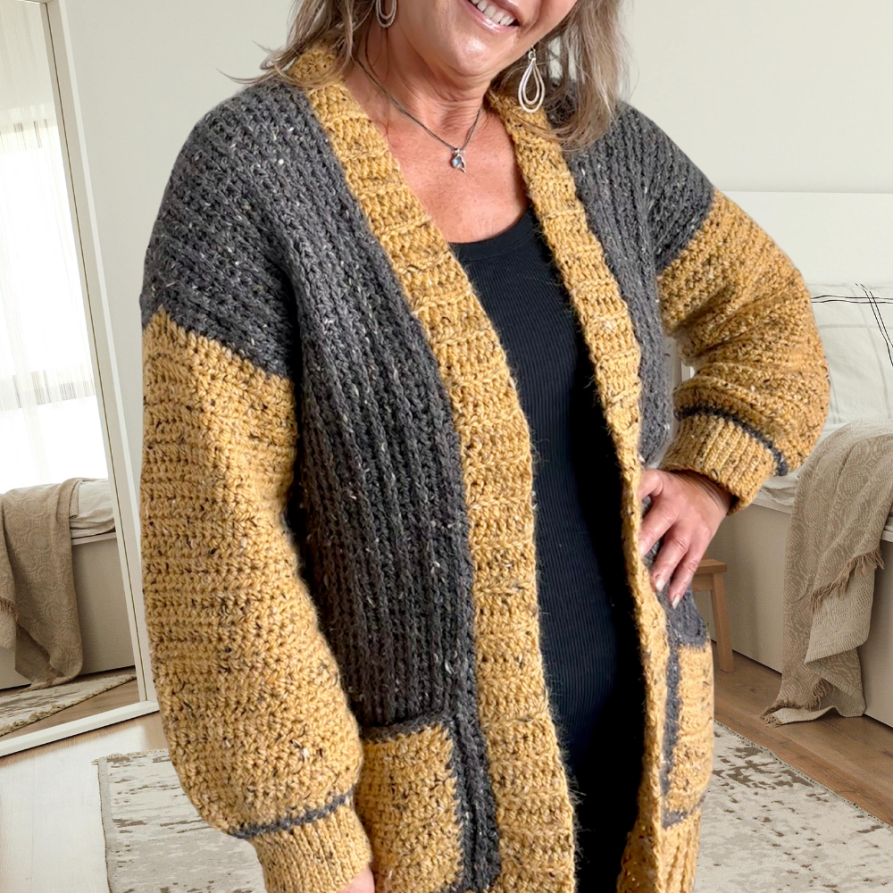 a woman wearing a crochet cardigan