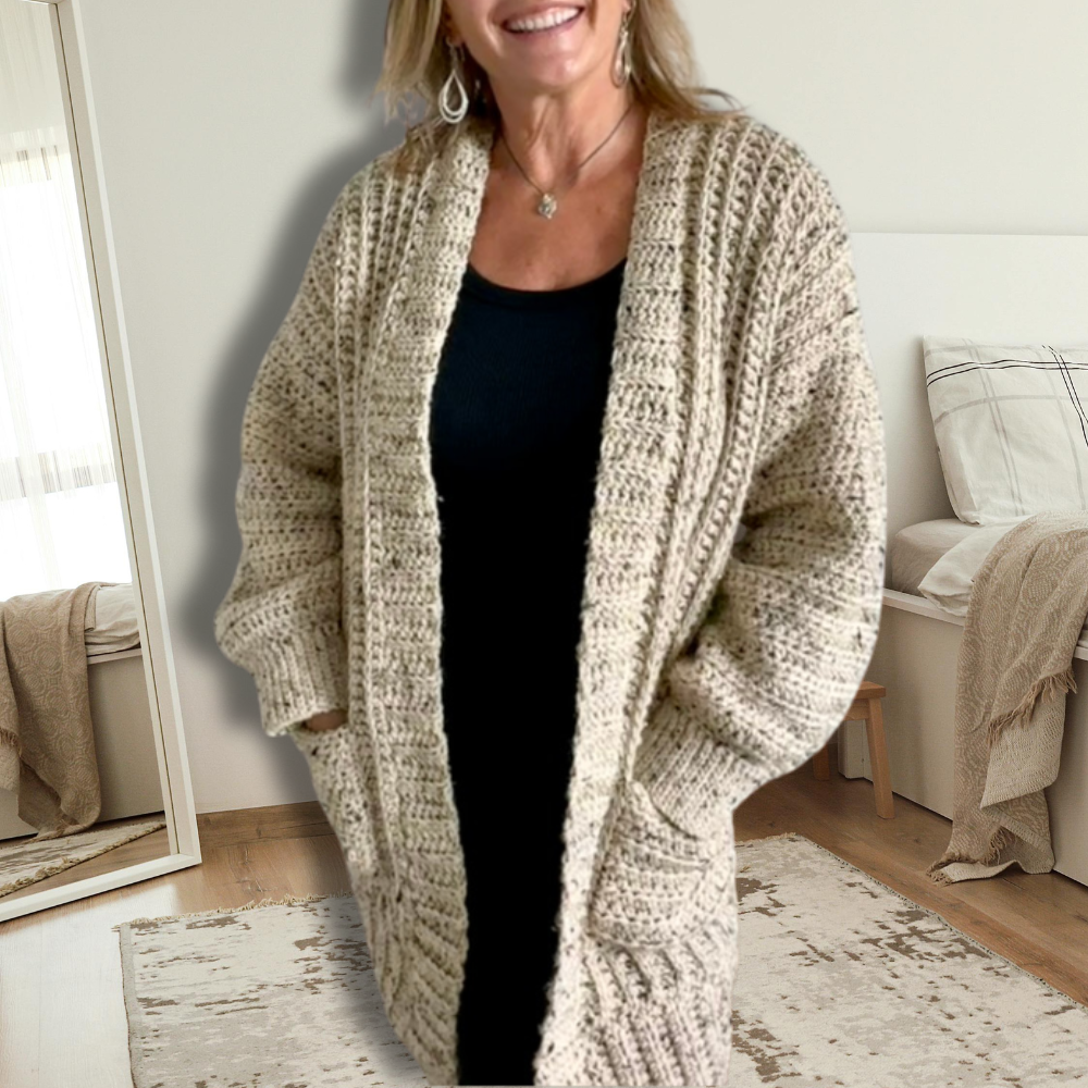 a woman wearing a crochet cardigan
