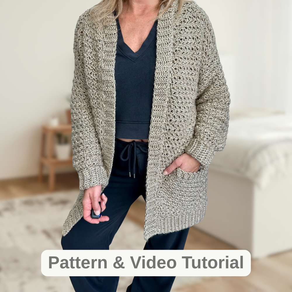 a woman wearing a handmade crochet cardigan