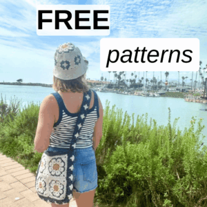 Free crochet patterns with a woman walking carrying a crochet crossbody bag with African flowers granny squares.