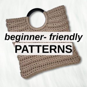 Beginner- friendly free crochet patterns with a crochet bag laying on a table