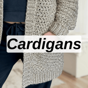 Free crochet cardigan patterns with a woman wearing a crochet cardigan