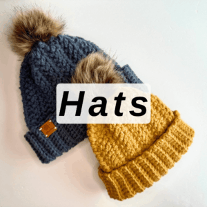 Free crochet hats patterns with 2 beanies laying on a table