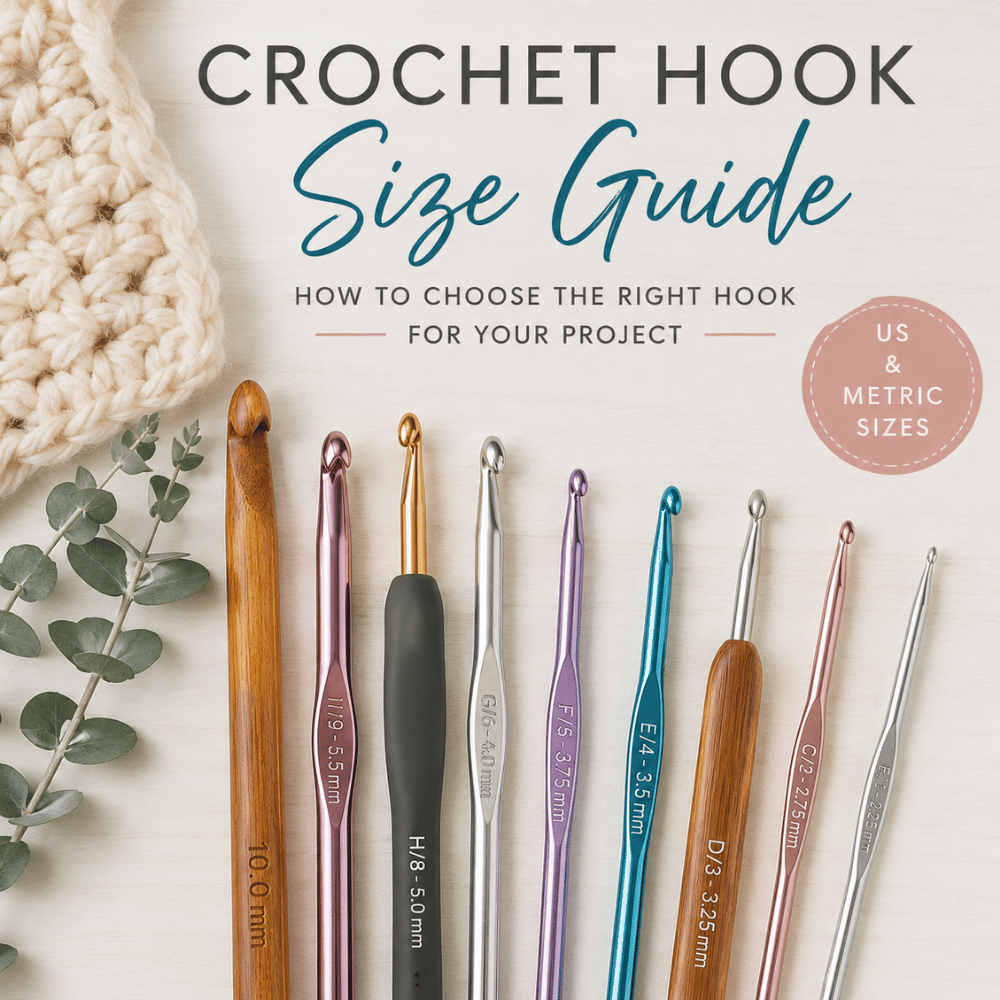 Crochet hook size guide with different crochet hooks